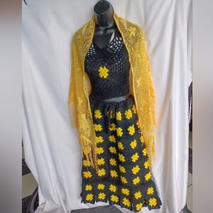 Bohemian 3 Pc Festival Outfit W Crochet Halter Top, Crochet Skirt, & Coverup